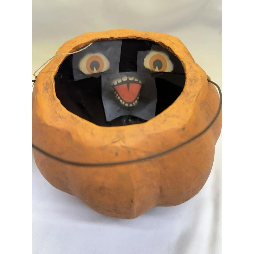 Bethany Lowe Vintage Styl PaperMache Halloween Jack-O-Lantern Pumpkin Bucket